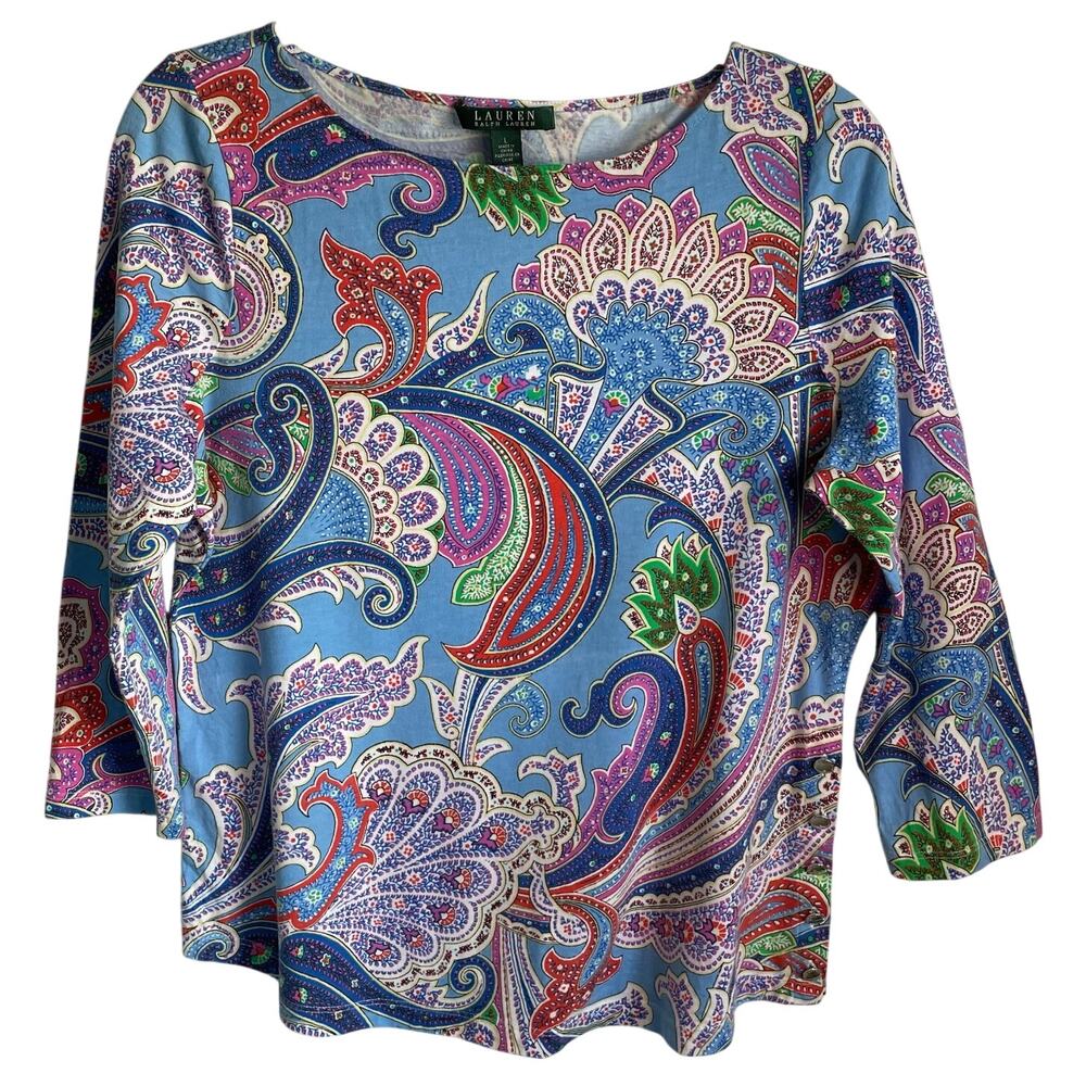 Lauren Ralph Lauren Paisley Top Sz L 3/4 Sleeves Side Button Detail Soft Stretch